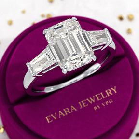 3 Carat Emerald Cut Lab Grown Diamond Three Stone Ring - Evara Jewelry LLC