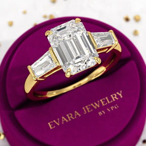 3 Carat Emerald Cut Lab Grown Diamond Three Stone Ring - Evara Jewelry LLC