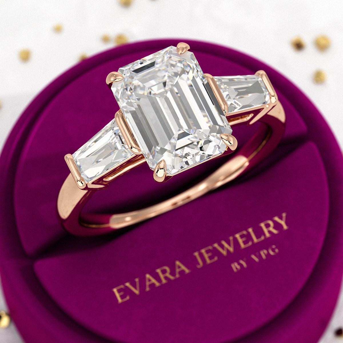 3 Carat Emerald Cut Lab Grown Diamond Three Stone Ring - Evara Jewelry LLC