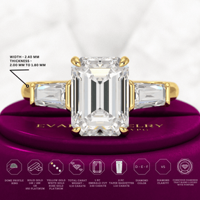 3 Carat Emerald Cut Lab Grown Diamond Three Stone Ring - Evara Jewelry LLC