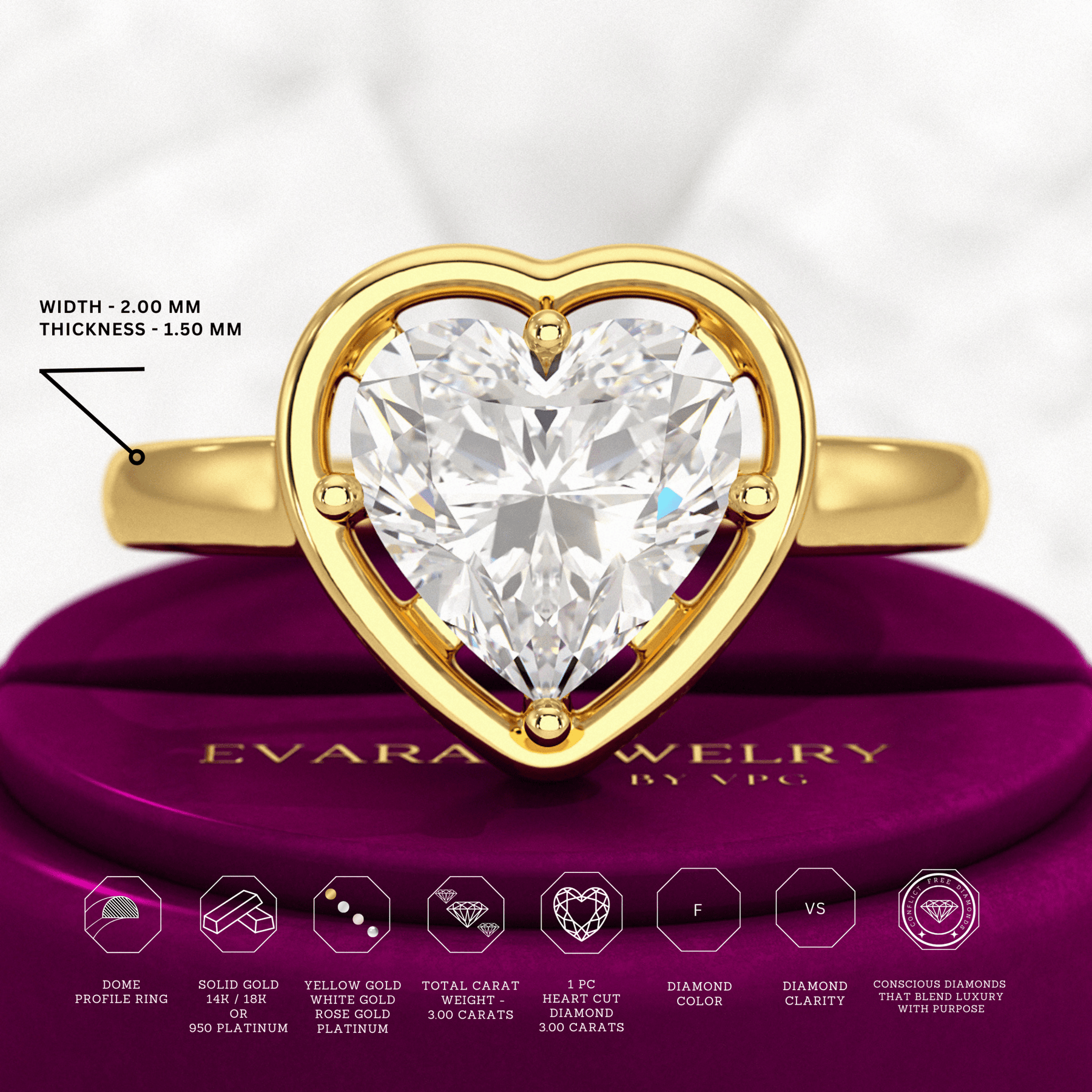 3 Carat Heart Cut Diamond Solitaire Minimalist Engagement Ring - Evara Jewelry LLC