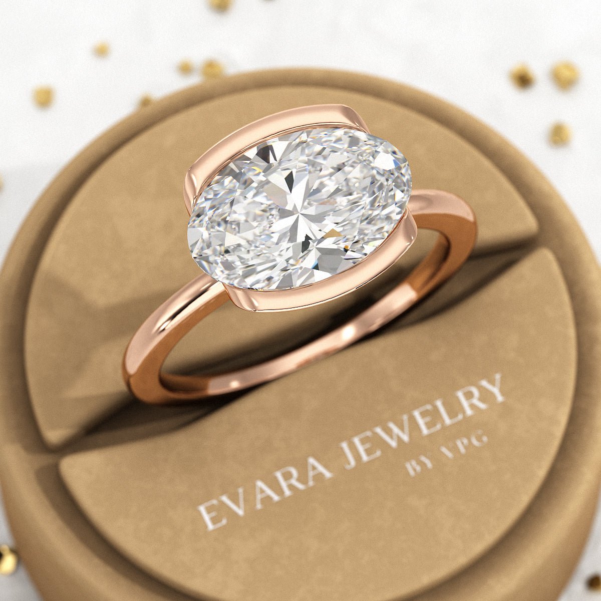 3 Carat Oval Half Bezel Engagement Ring - Evara Jewelry LLC