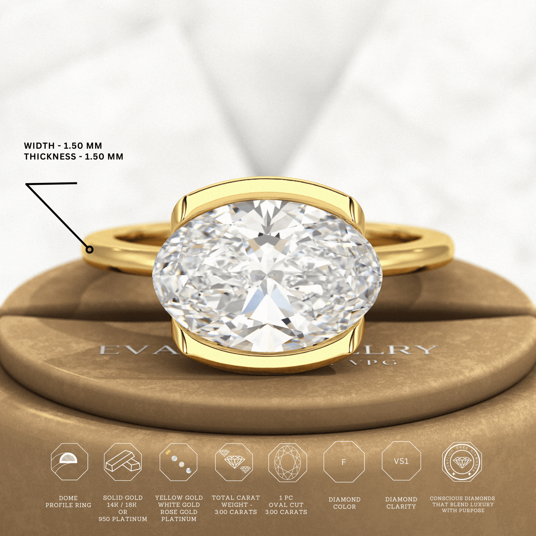 3 Carat Oval Half Bezel Engagement Ring - Evara Jewelry LLC