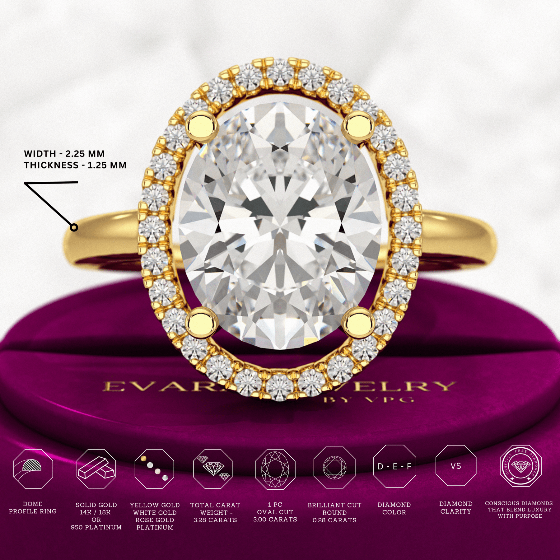 3 Carat Oval Lab Grown Diamond Halo Engagement Ring - Evara Jewelry LLC