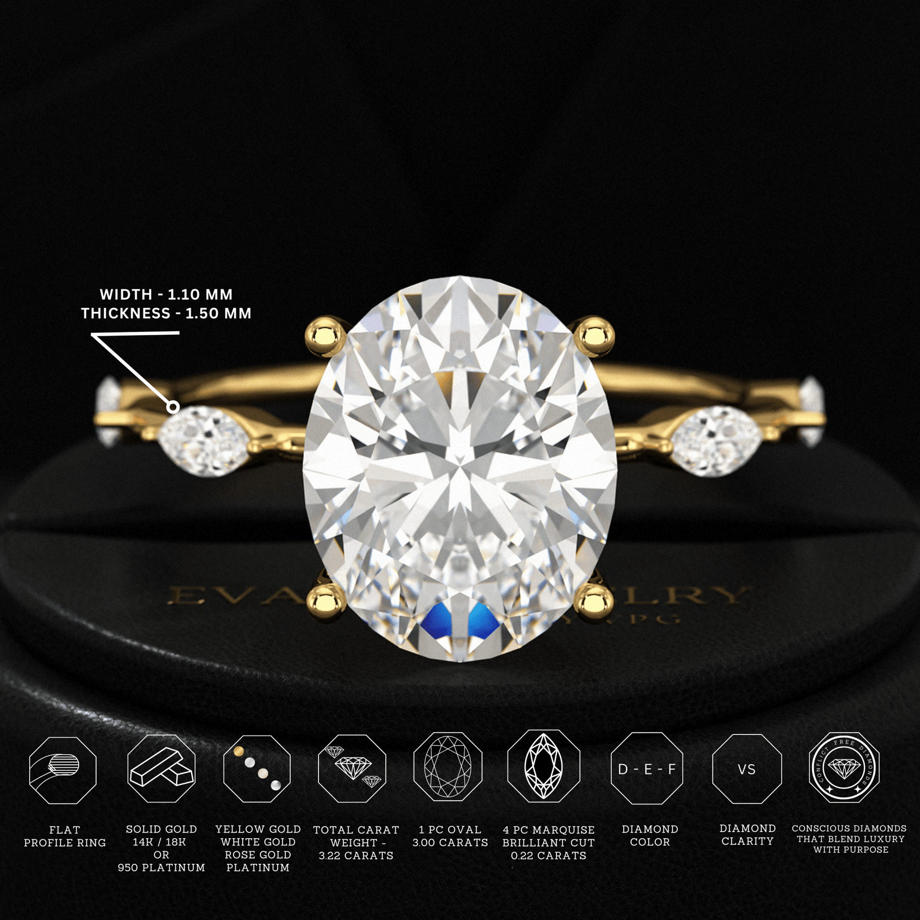 3 Carat Oval Lab Grown Diamond Minimalist Thin Engagement Ring with Marquise Accent Stones - Evara Jewelry LLC