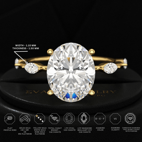 3 Carat Oval Lab Grown Diamond Minimalist Thin Engagement Ring with Marquise Accent Stones - Evara Jewelry LLC
