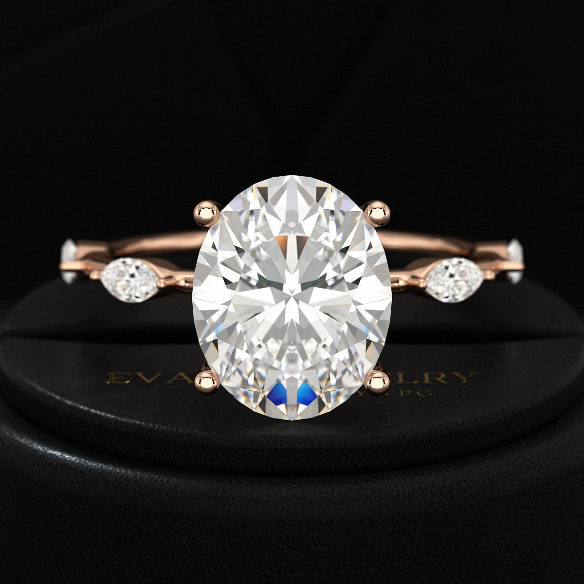 3 Carat Oval Lab Grown Diamond Minimalist Thin Engagement Ring with Marquise Accent Stones - Evara Jewelry LLC