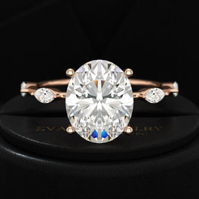 3 Carat Oval Lab Grown Diamond Minimalist Thin Engagement Ring with Marquise Accent Stones - Evara Jewelry LLC