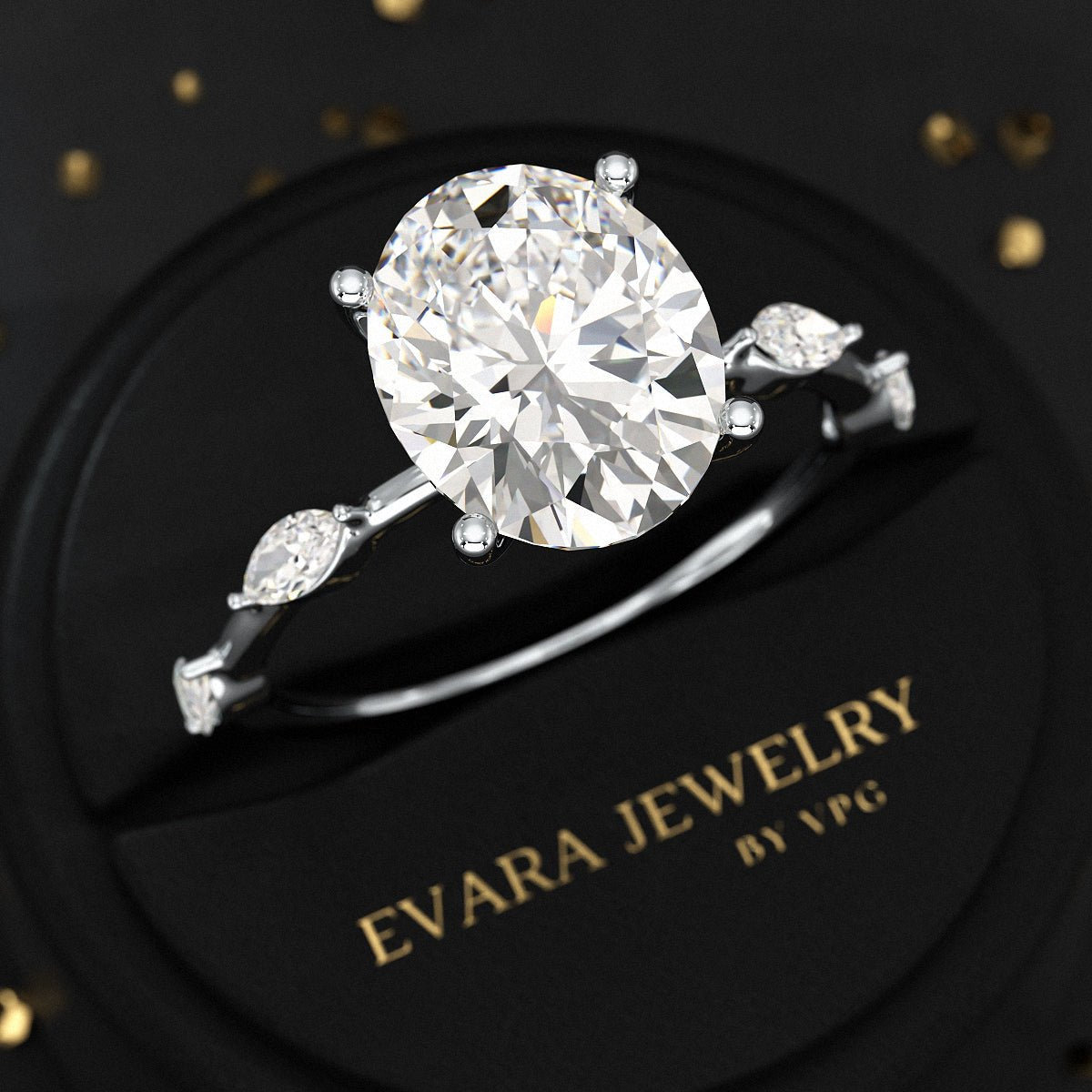 3 Carat Oval Lab Grown Diamond Minimalist Thin Engagement Ring with Marquise Accent Stones - Evara Jewelry LLC