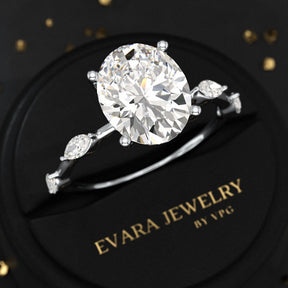 3 Carat Oval Lab Grown Diamond Minimalist Thin Engagement Ring with Marquise Accent Stones - Evara Jewelry LLC