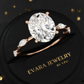 3 Carat Oval Lab Grown Diamond Minimalist Thin Engagement Ring with Marquise Accent Stones - Evara Jewelry LLC