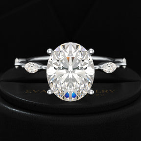 3 Carat Oval Lab Grown Diamond Minimalist Thin Engagement Ring with Marquise Accent Stones - Evara Jewelry LLC