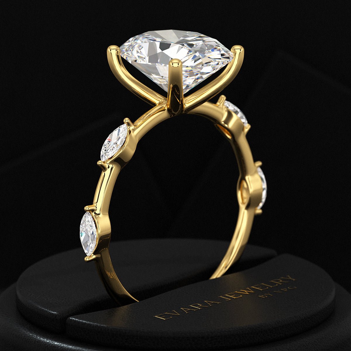 3 Carat Oval Lab Grown Diamond Minimalist Thin Engagement Ring with Marquise Accent Stones - Evara Jewelry LLC