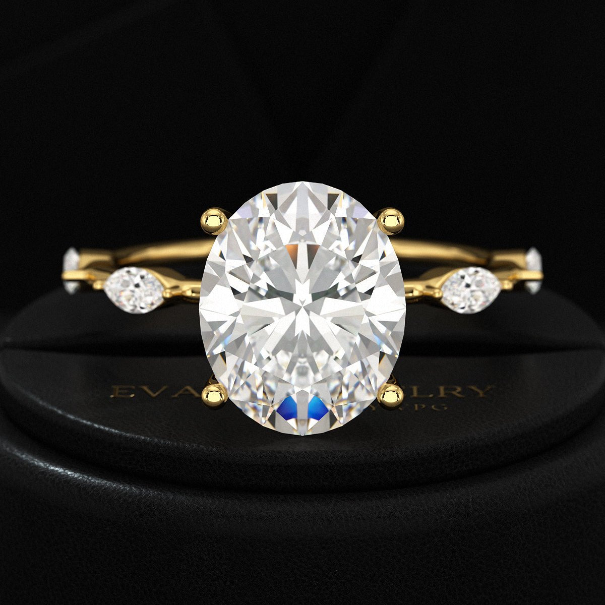 3 Carat Oval Lab Grown Diamond Minimalist Thin Engagement Ring with Marquise Accent Stones - Evara Jewelry LLC