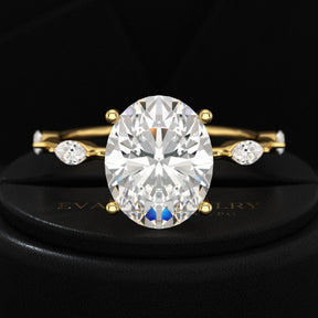 3 Carat Oval Lab Grown Diamond Minimalist Thin Engagement Ring with Marquise Accent Stones - Evara Jewelry LLC
