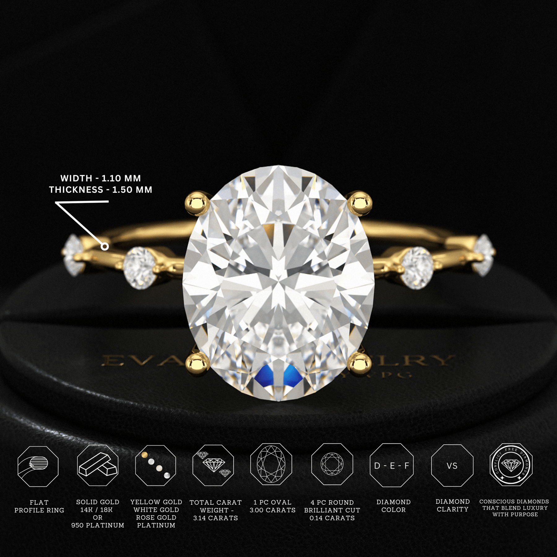 3 Carat Oval Lab Grown Diamond Thin Engagement Ring - Evara Jewelry LLC