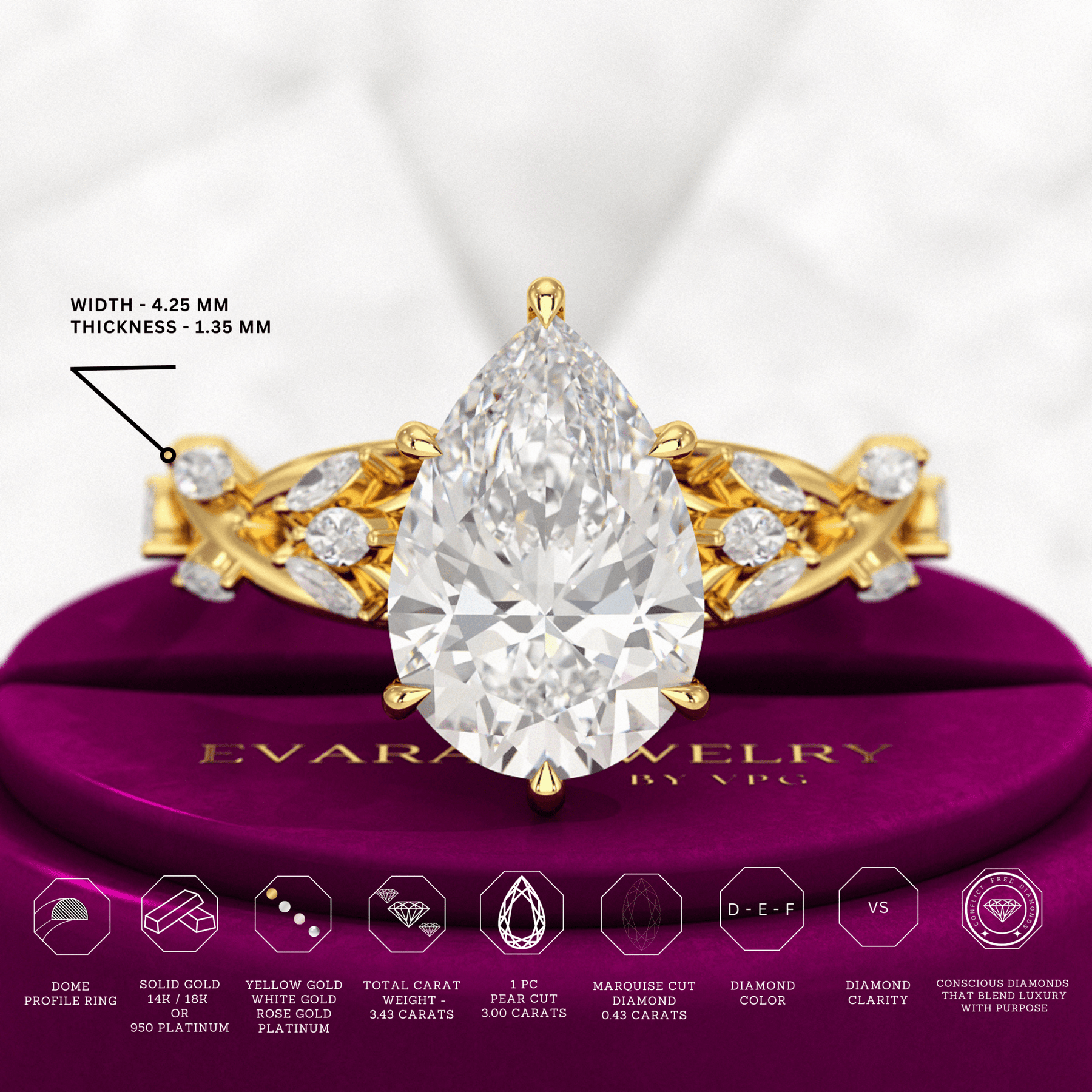 3 Carat Pear Cut Diamond Nature Inspired Art Deco Engagement Ring - Evara Jewelry LLC