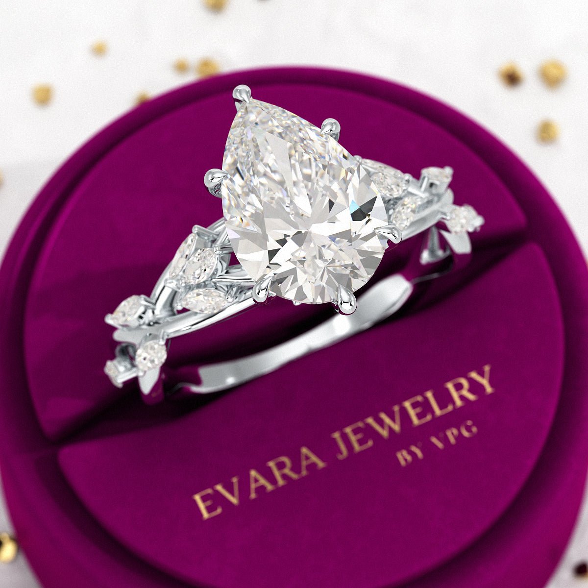 3 Carat Pear Cut Diamond Nature Inspired Art Deco Engagement Ring - Evara Jewelry LLC