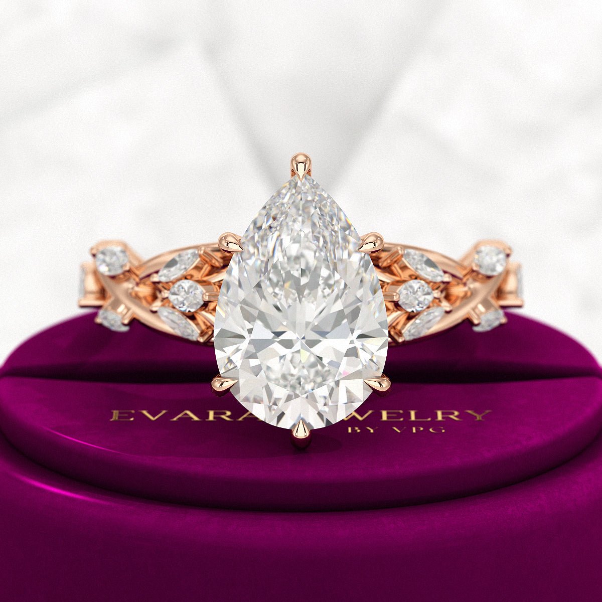 3 Carat Pear Cut Diamond Nature Inspired Art Deco Engagement Ring - Evara Jewelry LLC