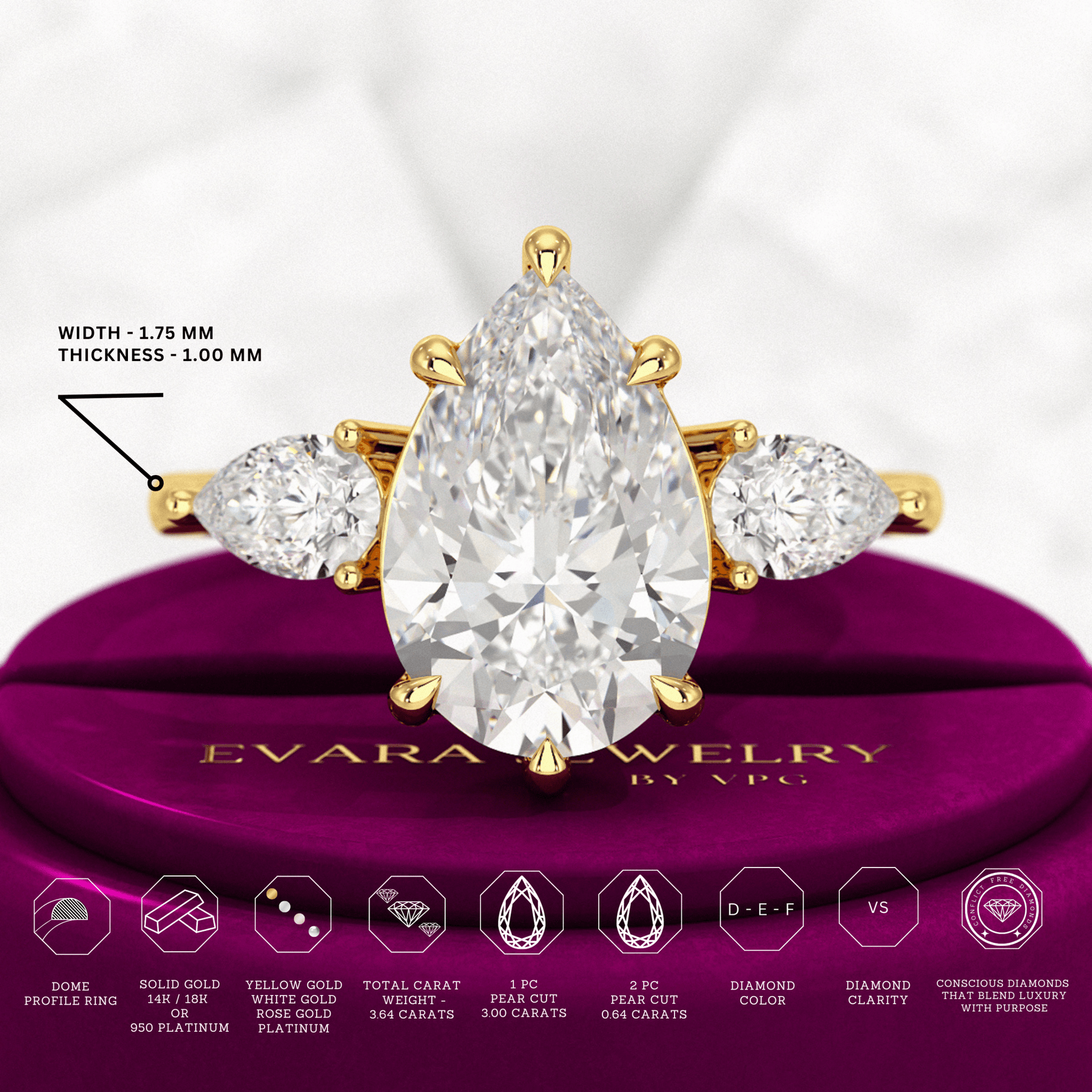 3 Carat Pear Cut Diamond Three Stone Engagement Ring - Evara Jewelry LLC