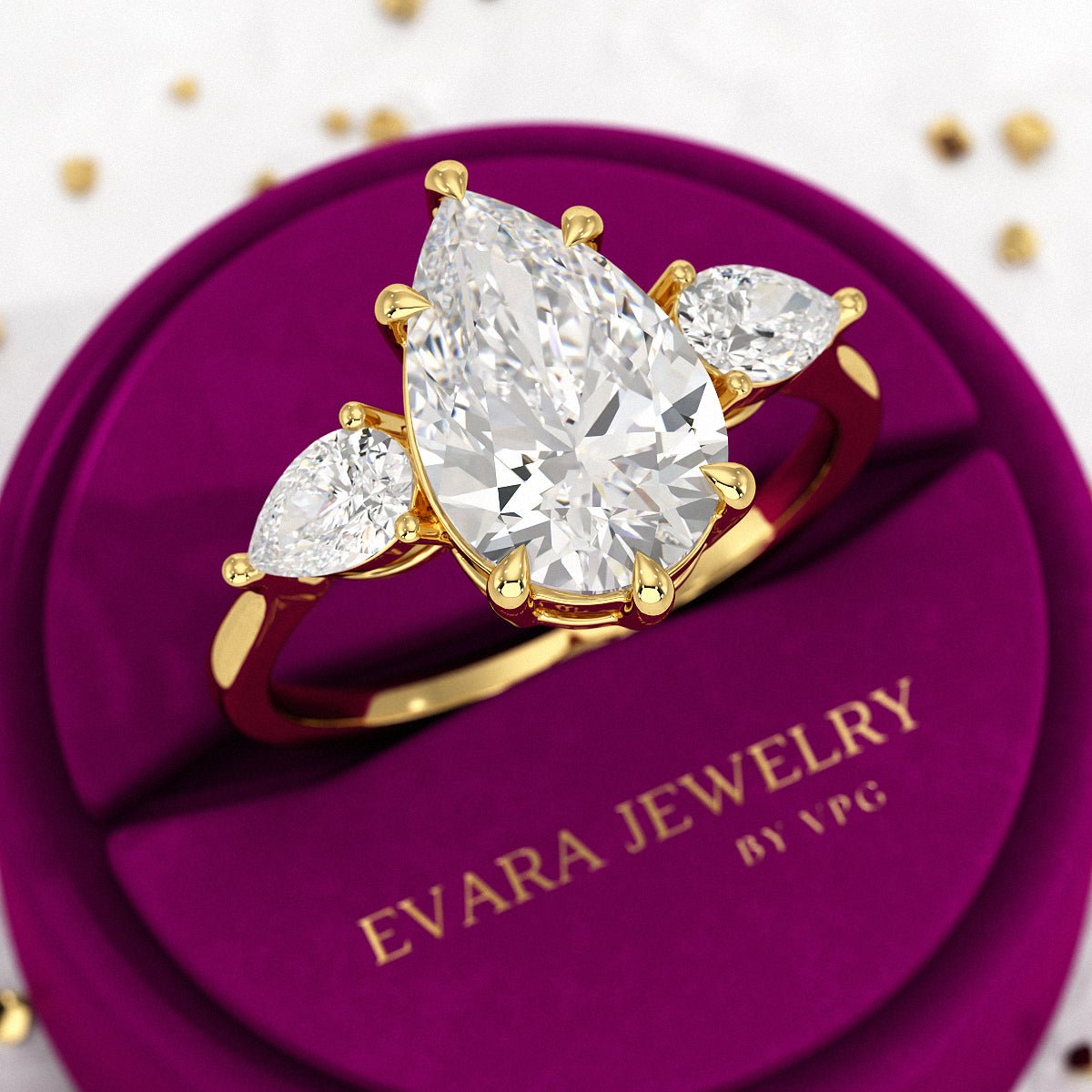 3 Carat Pear Cut Diamond Three Stone Engagement Ring - Evara Jewelry LLC