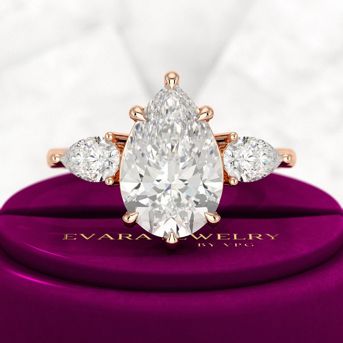 3 Carat Pear Cut Diamond Three Stone Engagement Ring - Evara Jewelry LLC