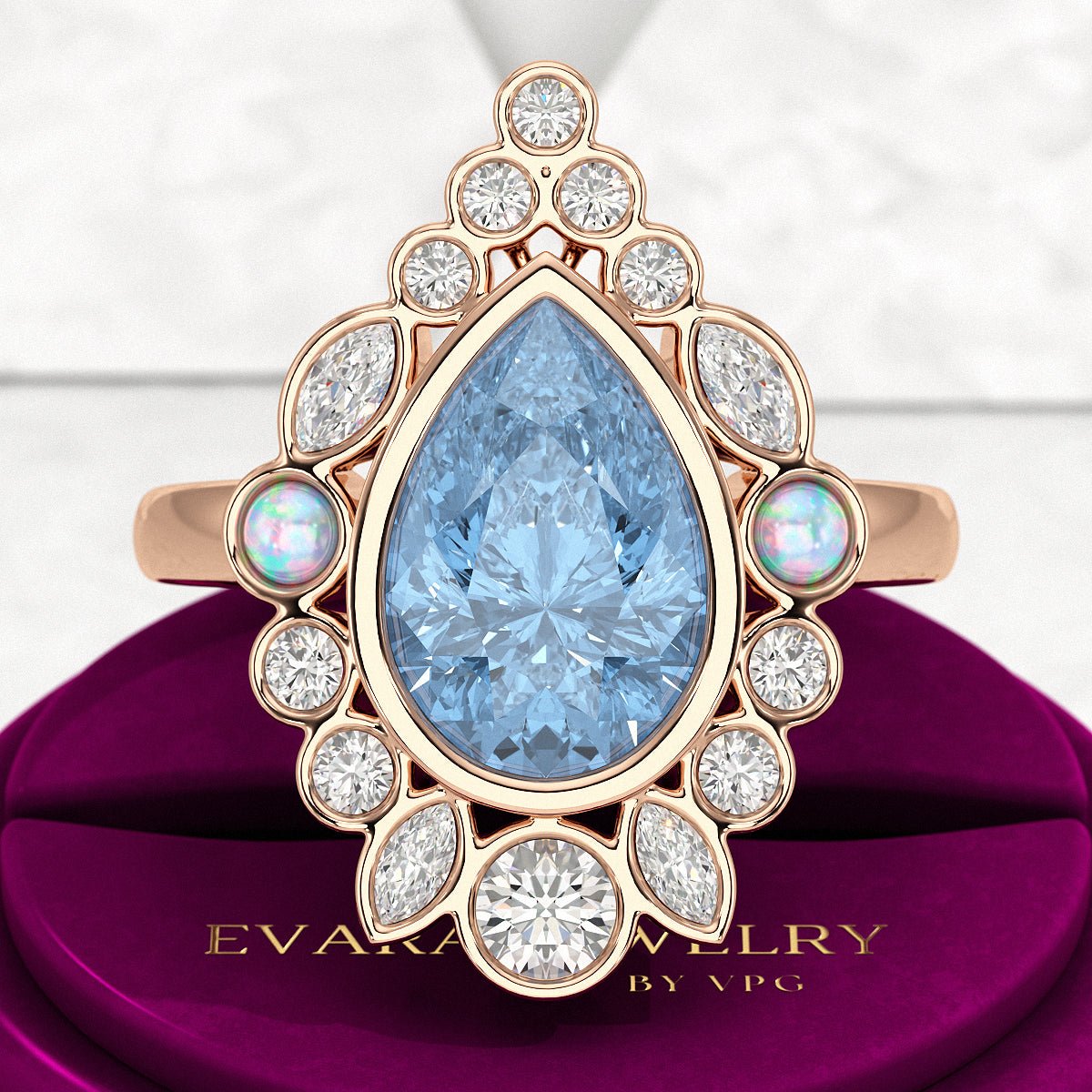 3 Carat Pear Cut Ice Blue Diamond Art Deco Ring with Opal - Evara Jewelry LLC