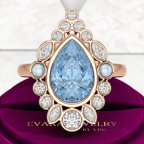 3 Carat Pear Cut Ice Blue Diamond Art Deco Ring with Opal - Evara Jewelry LLC