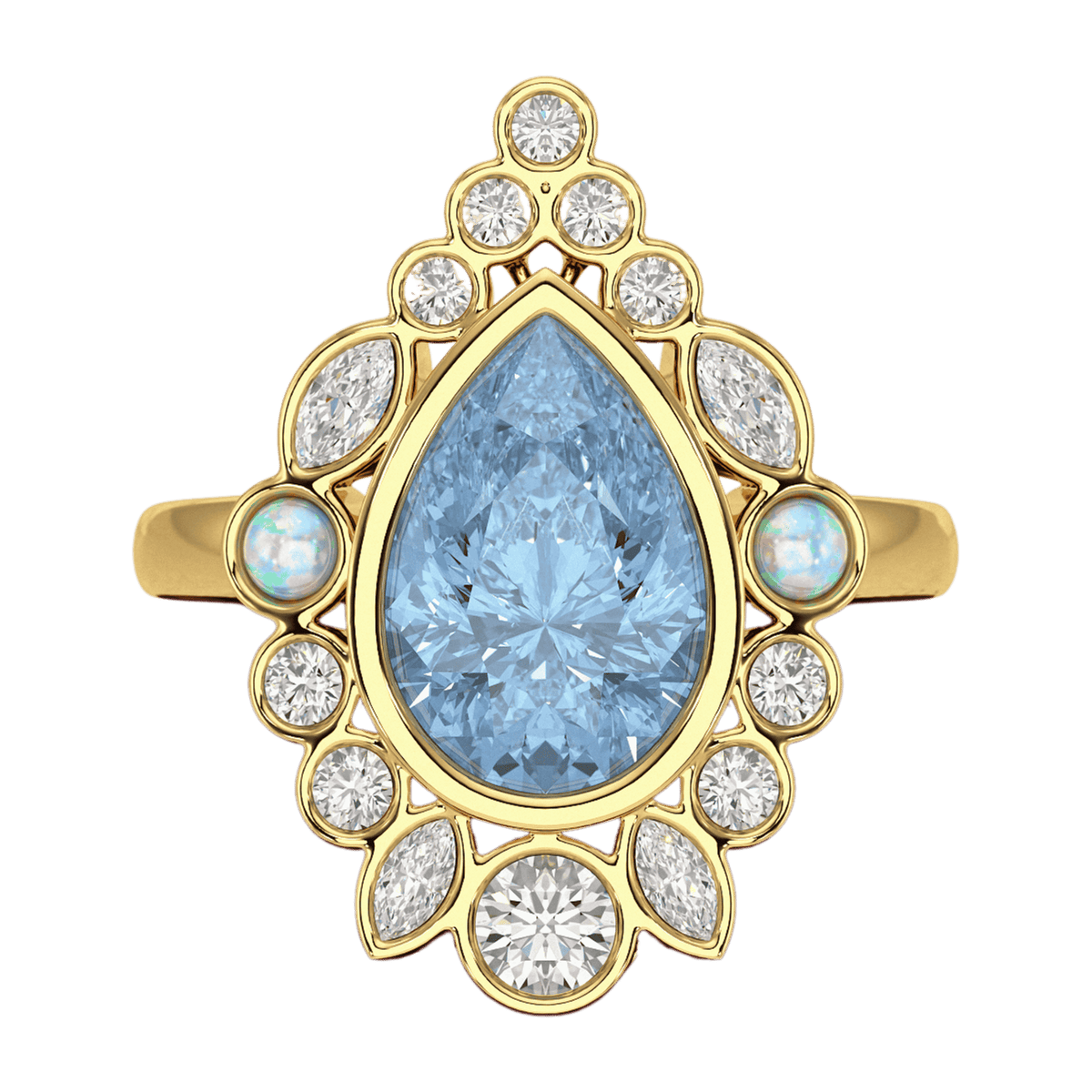 3 Carat Pear Cut Ice Blue Diamond Art Deco Ring with Opal - Evara Jewelry LLC