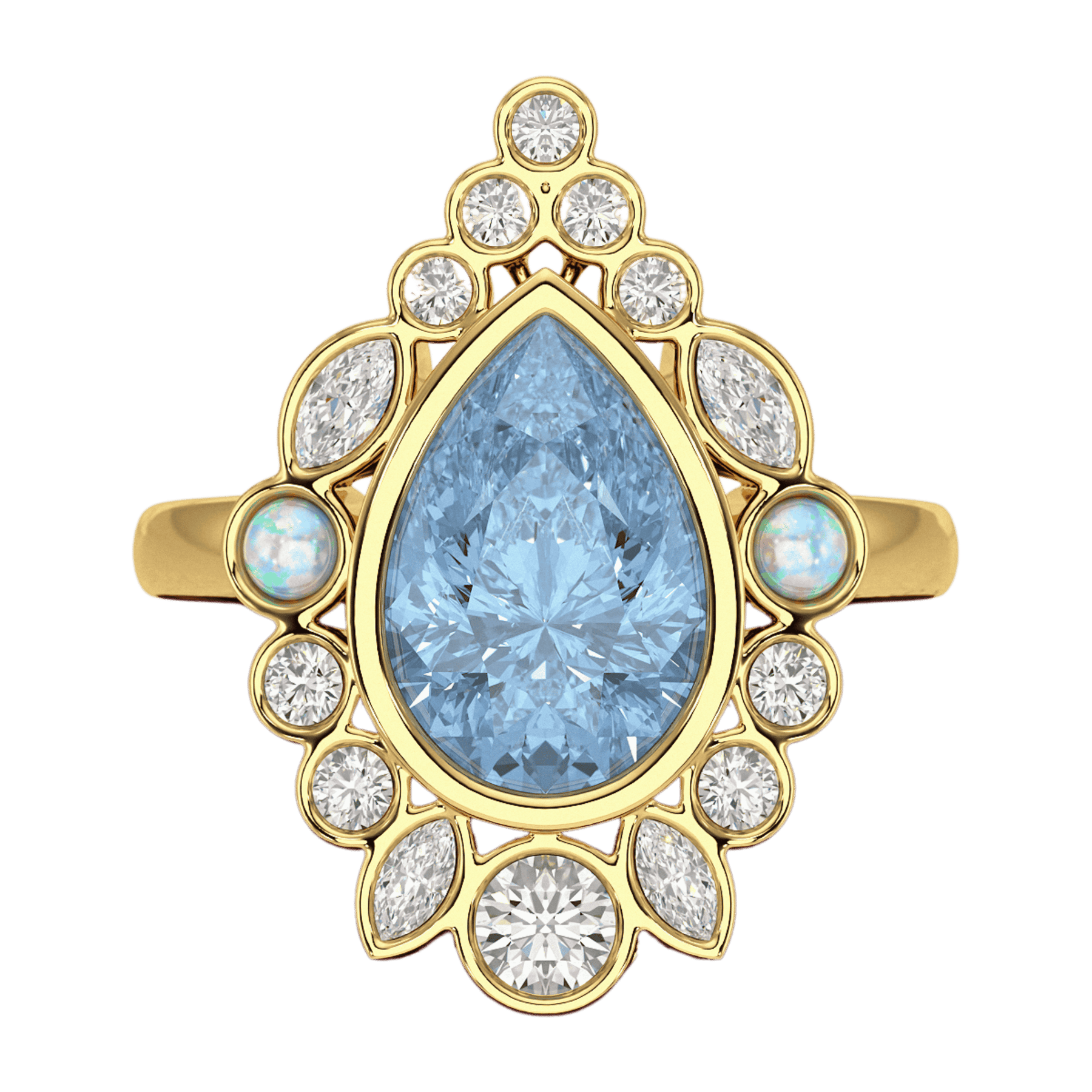 3 Carat Pear Cut Ice Blue Diamond Art Deco Ring with Opal - Evara Jewelry LLC