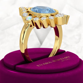 3 Carat Pear Cut Ice Blue Diamond Art Deco Ring with Opal - Evara Jewelry LLC