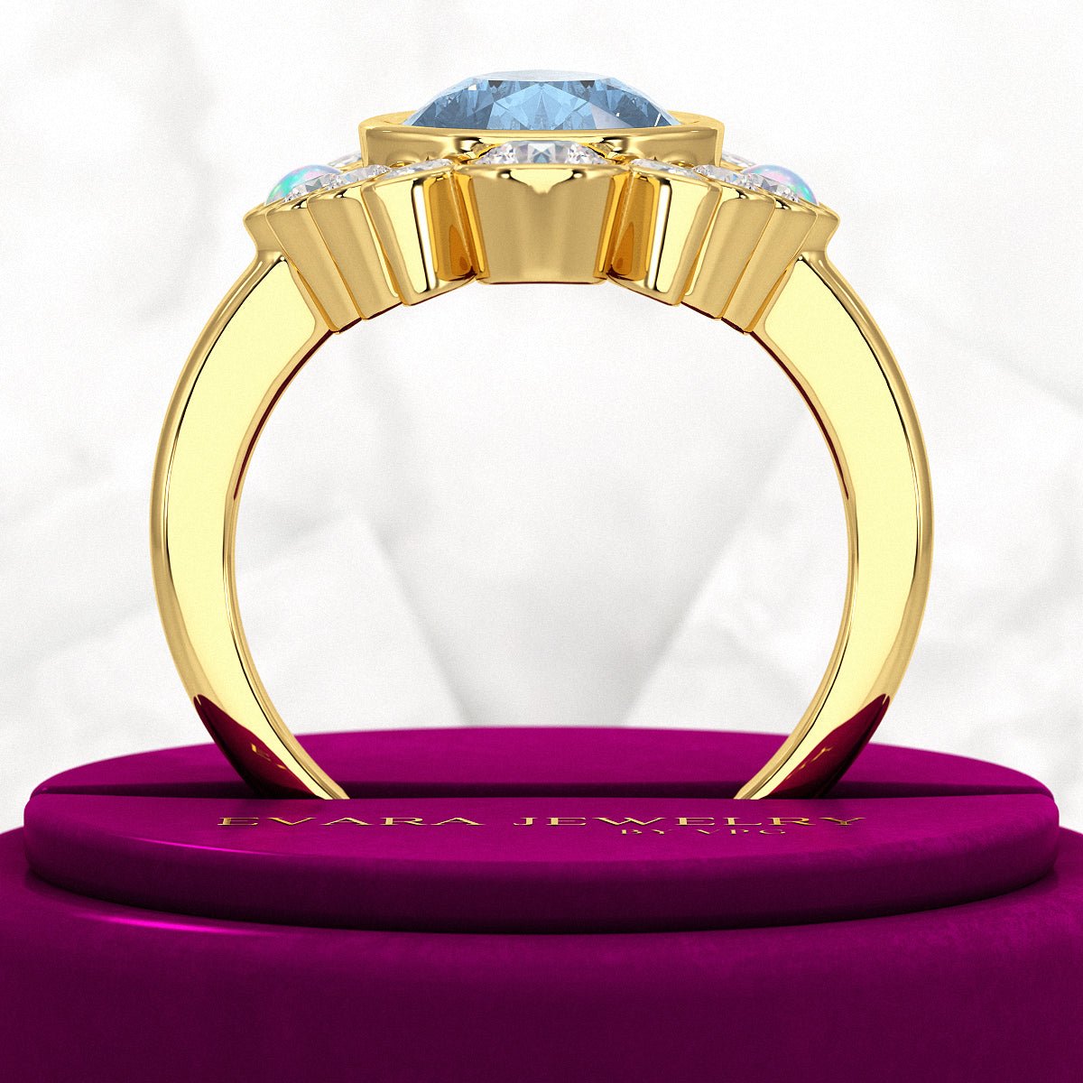 3 Carat Pear Cut Ice Blue Diamond Art Deco Ring with Opal - Evara Jewelry LLC