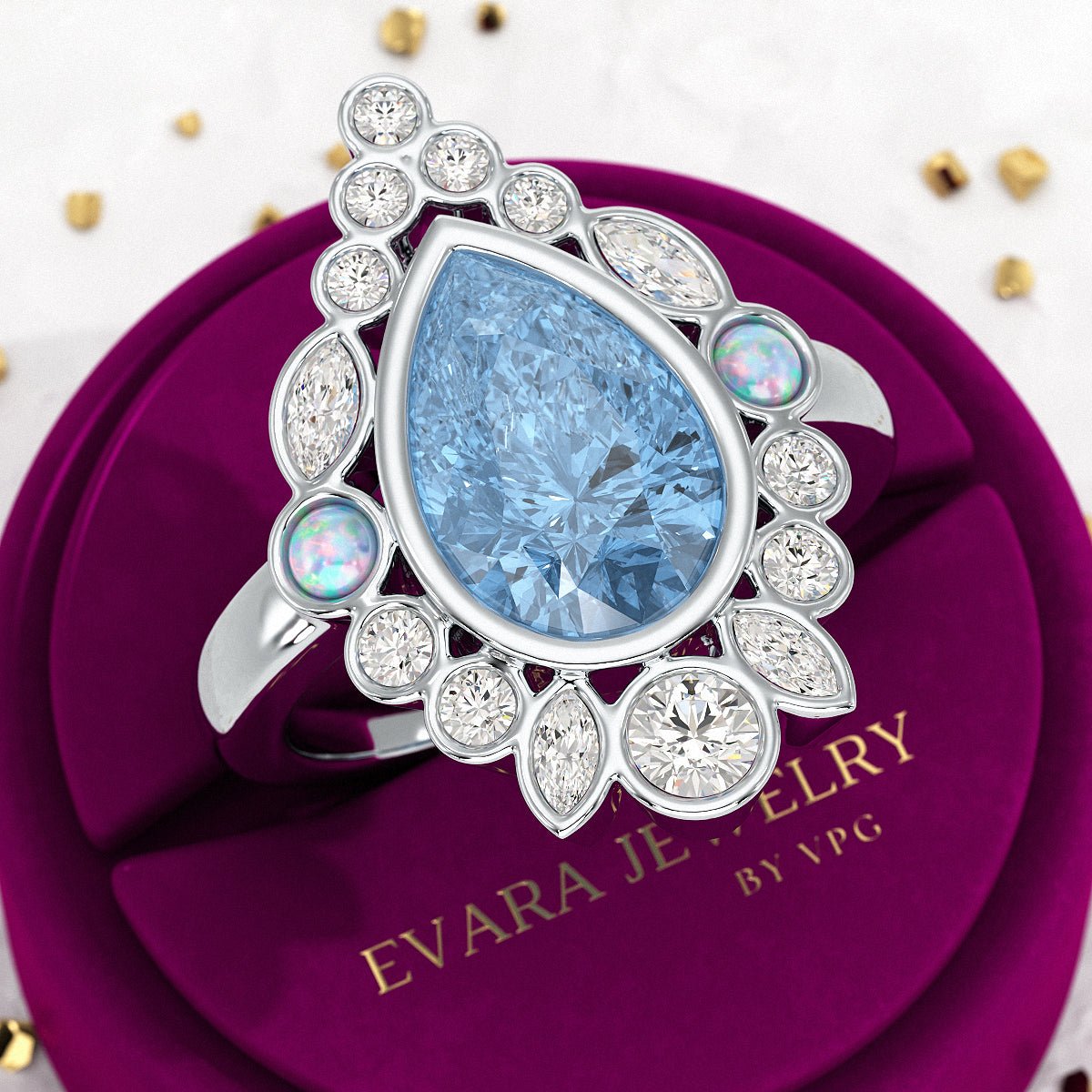 3 Carat Pear Cut Ice Blue Diamond Art Deco Ring with Opal - Evara Jewelry LLC