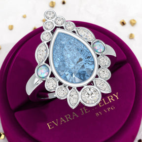 3 Carat Pear Cut Ice Blue Diamond Art Deco Ring with Opal - Evara Jewelry LLC