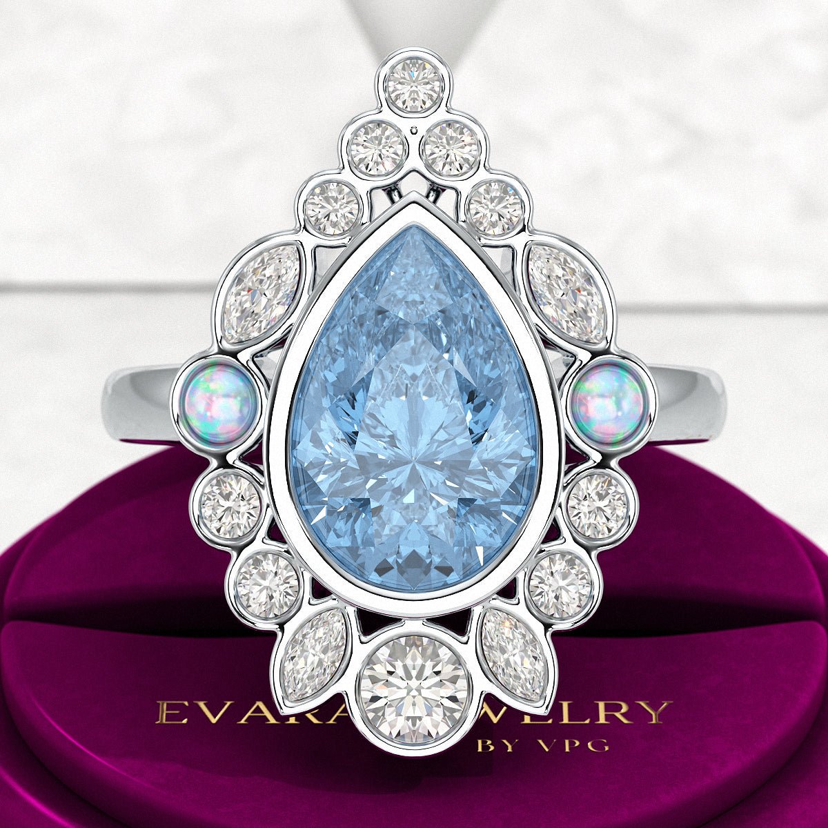 3 Carat Pear Cut Ice Blue Diamond Art Deco Ring with Opal - Evara Jewelry LLC