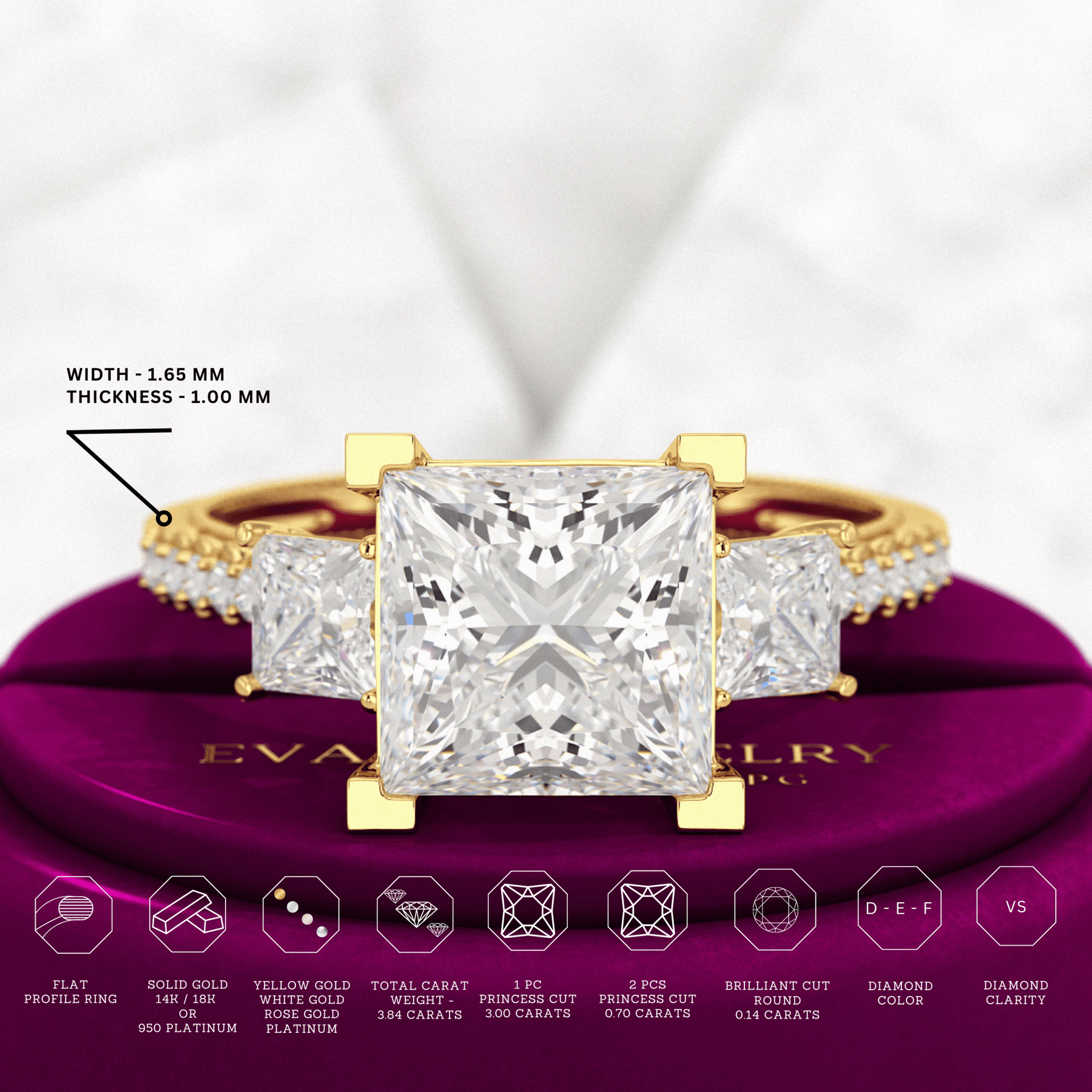 3 Carat Princess Cut Lab Grown Diamond Wedding Ring - Evara Jewelry LLC