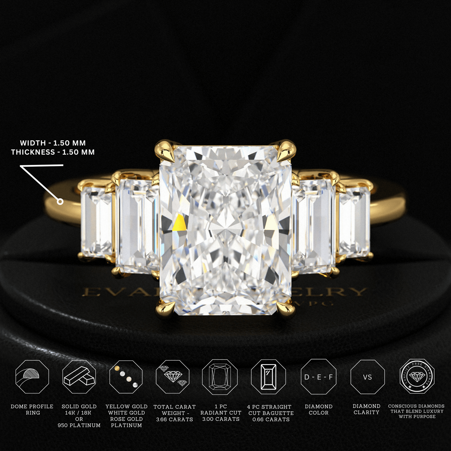 3 Carat Radiant Cut Lab Grown Diamond Art Deco Engagement Ring - Evara Jewelry LLC
