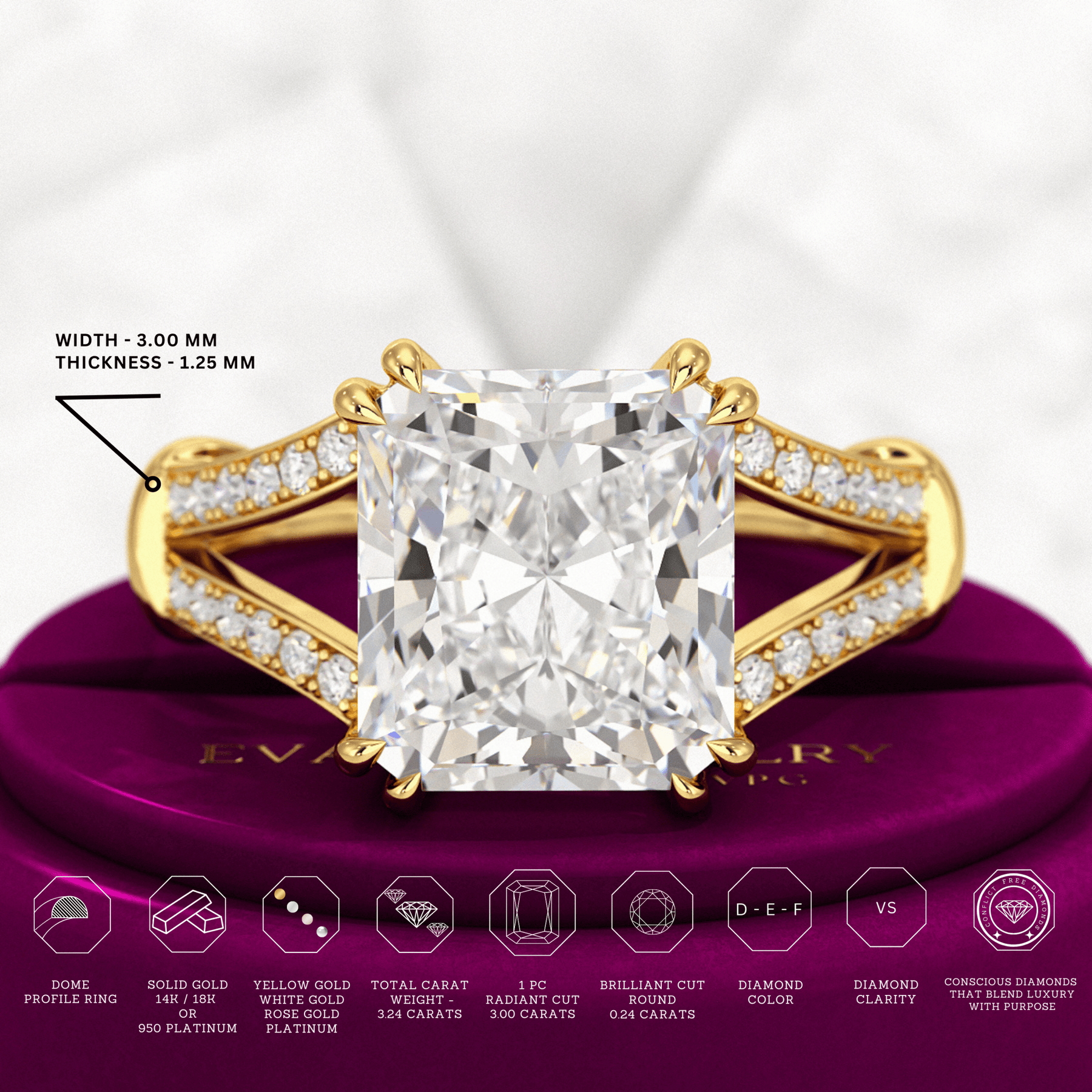 3 Carat Radiant Cut Lab Grown Diamond Split Shank Engagement Ring - Evara Jewelry LLC