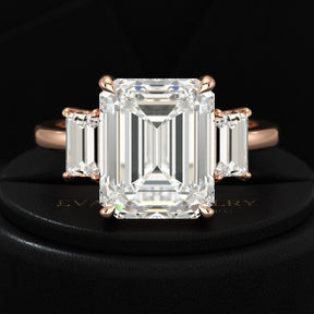 5 Carat Emerald Cut Lab Grown Diamond Three Stone Engagement Ring