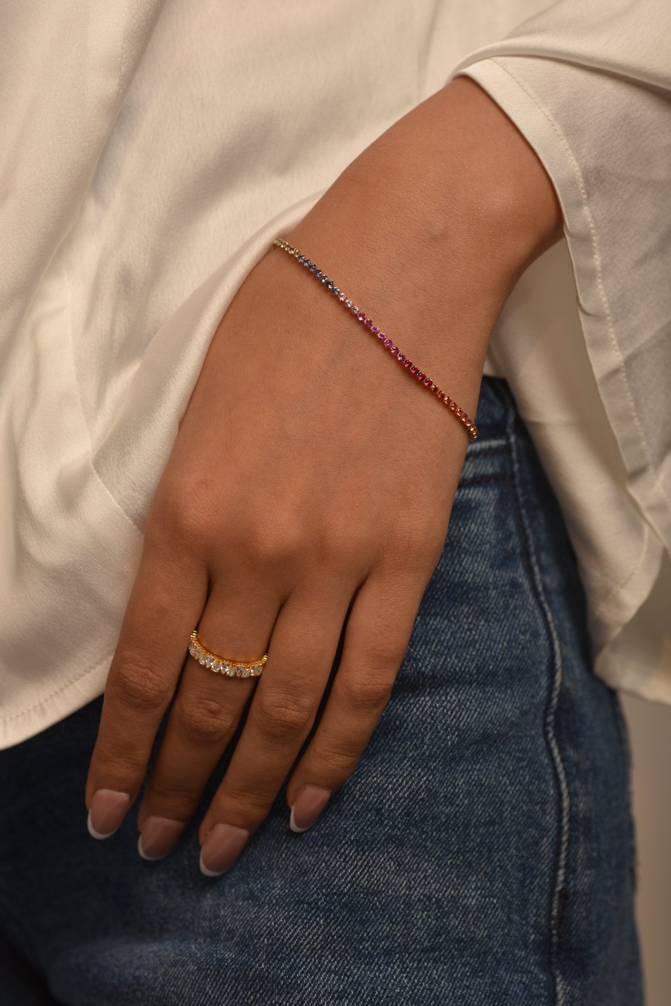 3.18 Carats Natural Rainbow Sapphire Tennis Bracelet in 14K/18K White Gold - Evara Jewelry LLC