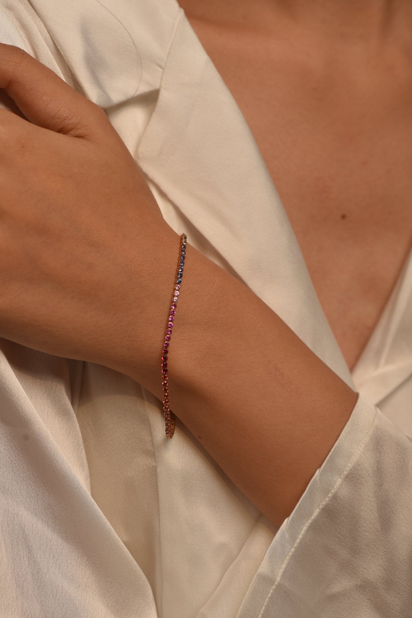 3.18 Carats Natural Rainbow Sapphire Tennis Bracelet in 14K/18K White Gold - Evara Jewelry LLC