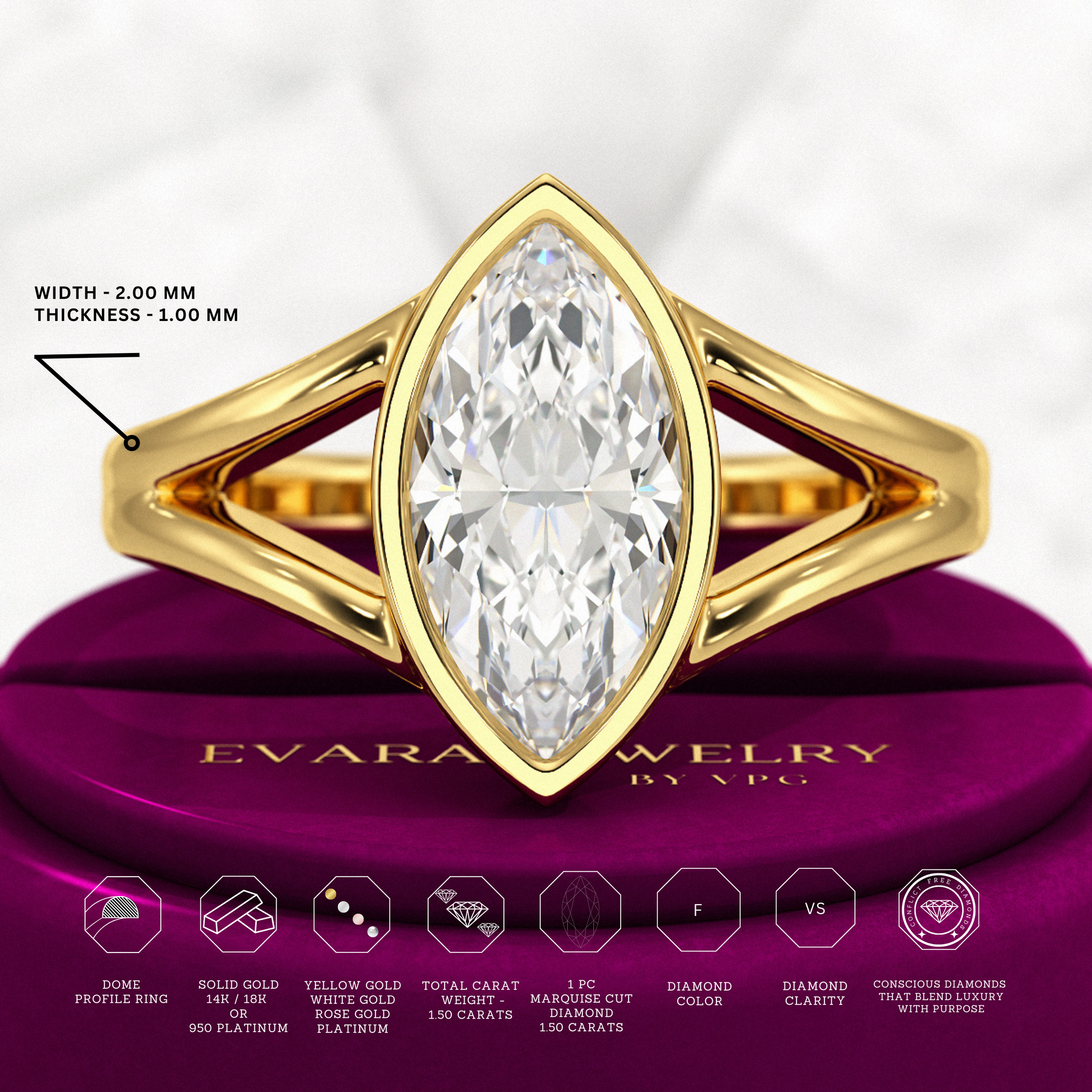 1.50 Carat Marquise Cut Modern Lab Grown Diamond Solitaire Ring