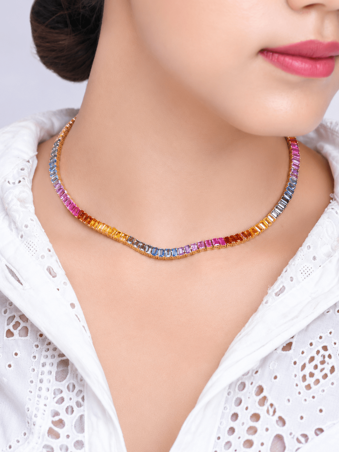 32 Carat Natural Emerald-Cut Rainbow Sapphire Prong-Set Tennis Necklace - Evara Jewelry LLC