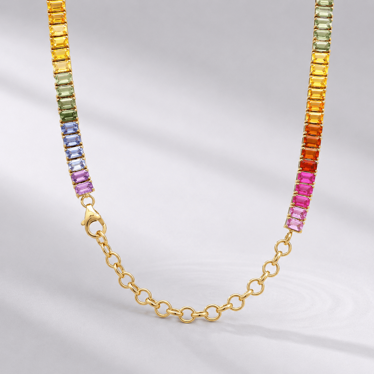 32 Carat Natural Emerald-Cut Rainbow Sapphire Prong-Set Tennis Necklace - Evara Jewelry LLC