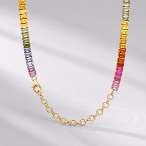 32 Carat Natural Emerald-Cut Rainbow Sapphire Prong-Set Tennis Necklace - Evara Jewelry LLC