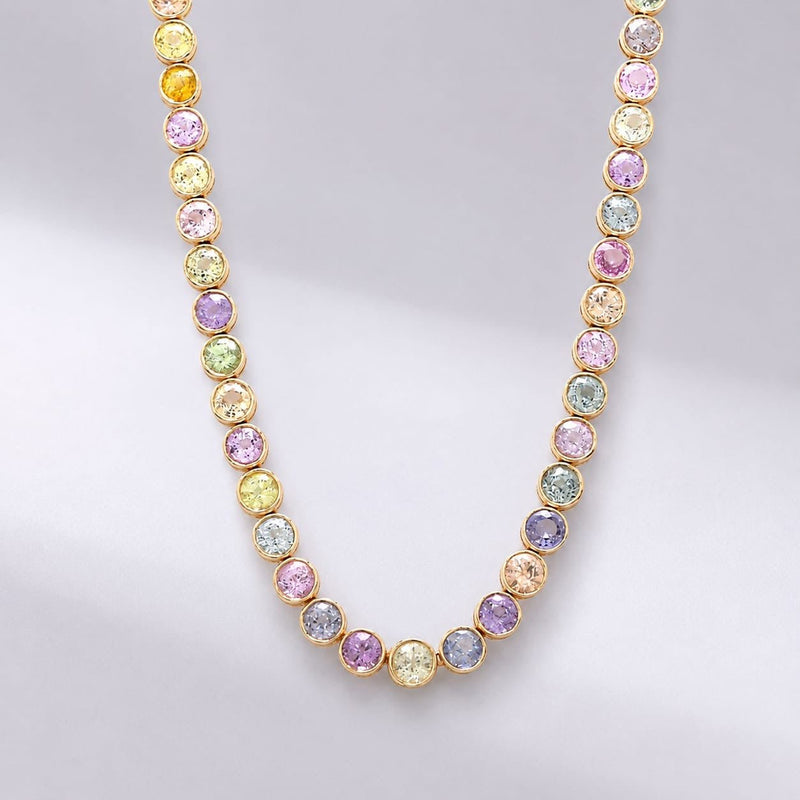 39 Carat Pastel Rainbow Sapphire Bezel Necklace