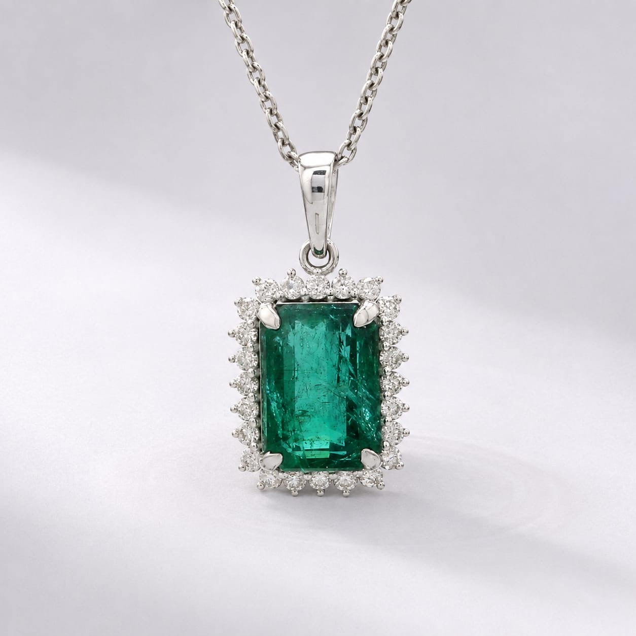 5 Carat Natural Emerald-Cut Emerald and Diamond Halo Pendant Necklace in 14K Gold
