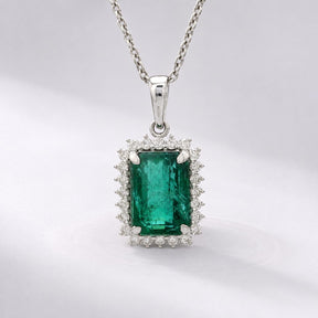 5 Carat Natural Emerald-Cut Emerald and Diamond Halo Pendant Necklace in 14K Gold