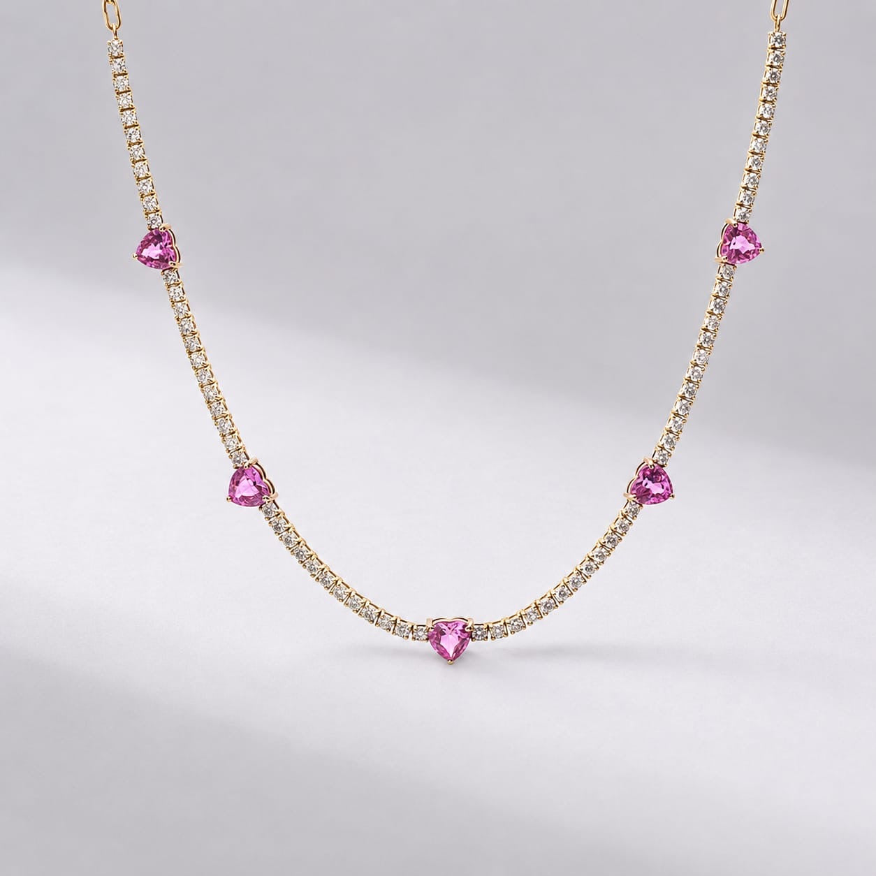Natural Heart-Cut Pink Sapphire and Lab-Grown Diamond Tennis Necklace