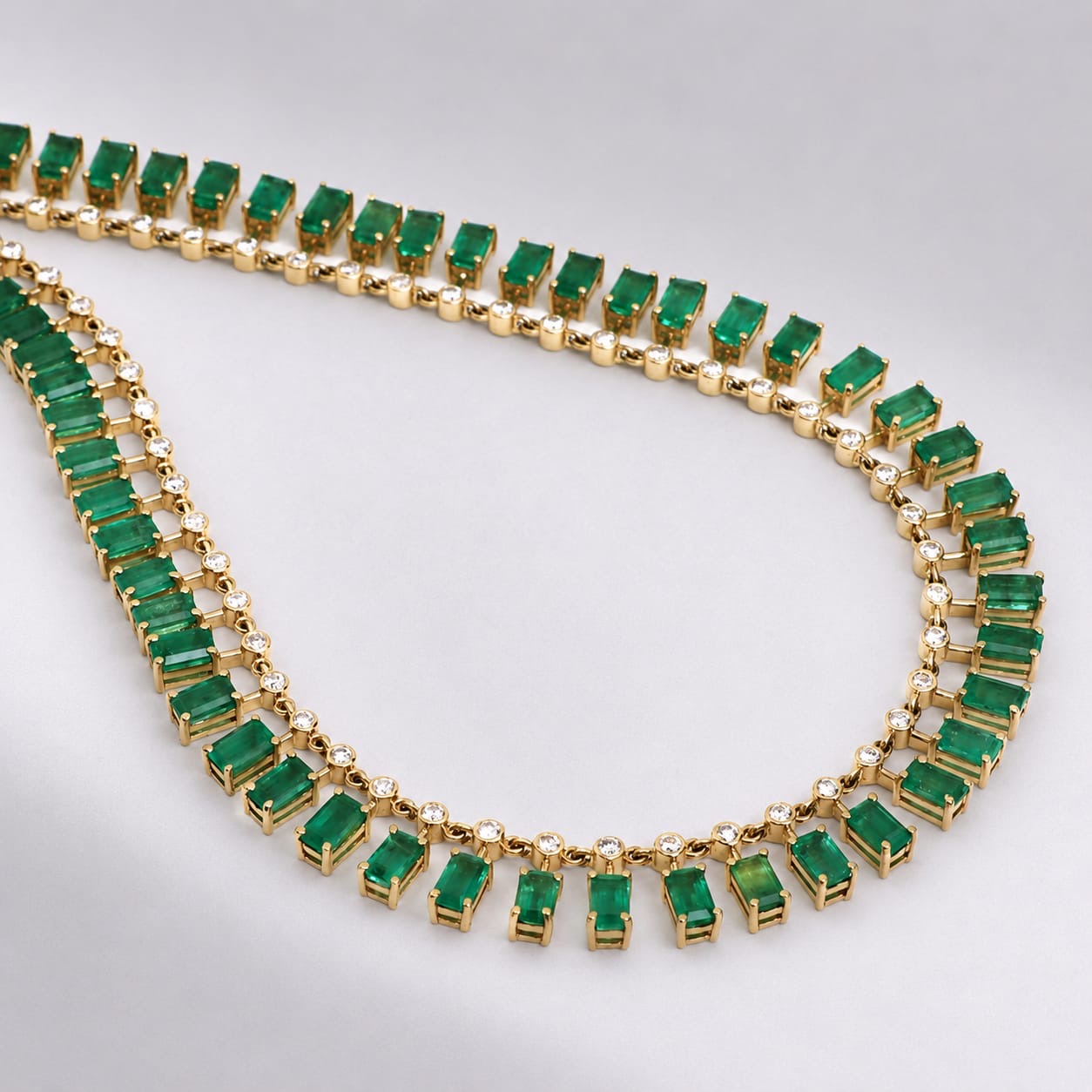 14K Gold Natural Emerald & Diamond Dot Dash Choker Necklace